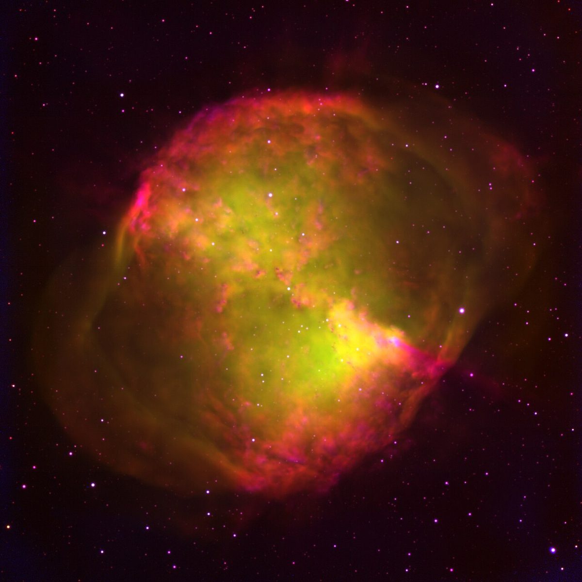 Photograph of Dumbbell Nebula (M27), a planetary nebula in Vulpecula