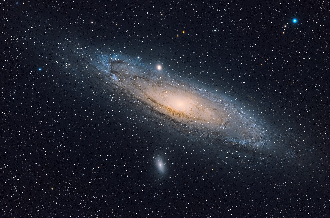 Photograph of the Andromeda Galaxy (M31), a large spiral galaxy seen at an angle