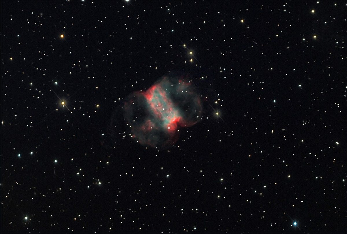 Photograph of Little Dumbbell Nebula (M76), a planetary nebula in Perseus