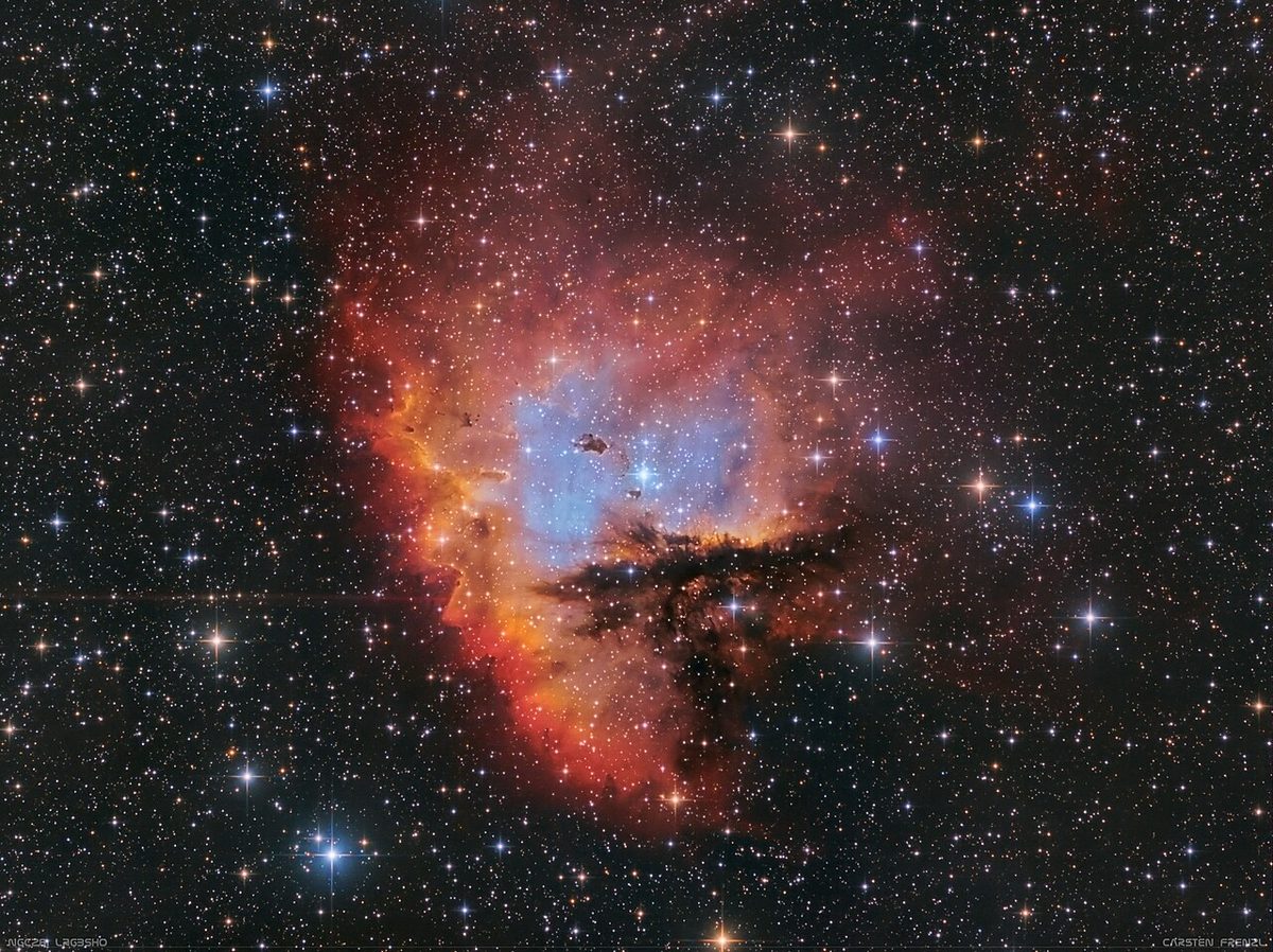 Photograph of Pacman Nebula (NGC 281), an emission nebula in Cassiopeia