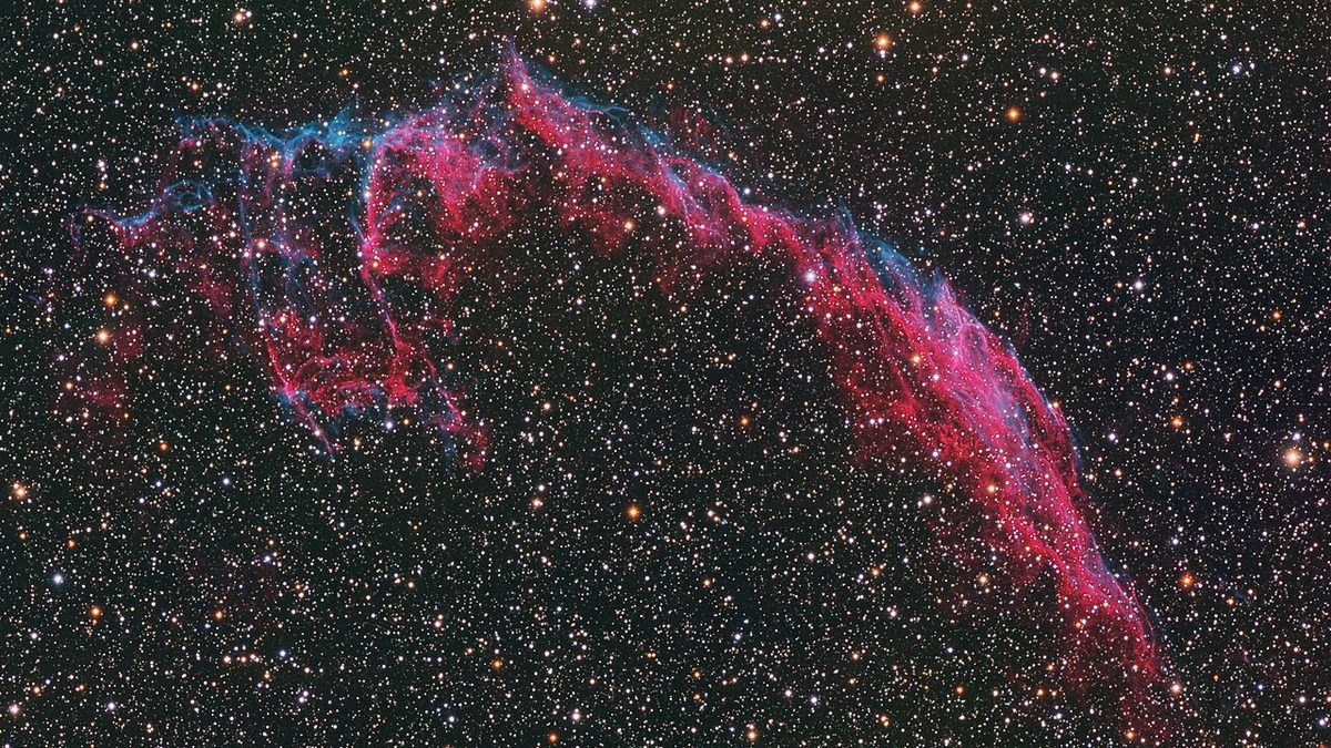 Photograph of East Veil Nebula (NGC 6992), a supernova remnant in Cygnus